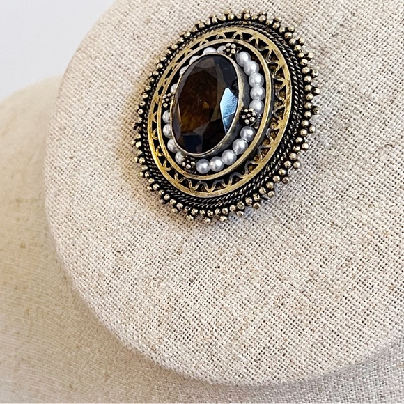 Victorian style faux Pearl smoky quartz oval brooch pendant 925 Sterling - Picture 8 of 11